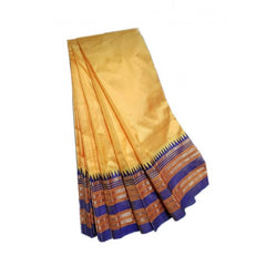Traditional Narayanpet Handloom Woven Strips Yellow Colour Purple Border Mulberry Silk Saree With El