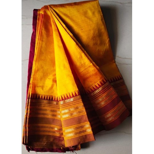 Alluring Narayanpet Handloom Woven Strips Yellow Colour Brown Border Mulberry Silk Saree With Elegan