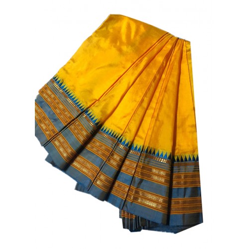 Alluring Narayanpet Handloom Woven Strips Yellow Colour Grey Border Mulberry Silk Saree With Elegant