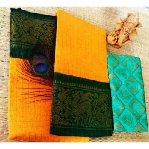 Cotton Narayanpet Handloom Sarees in Bright Yellow with Dark Green Combination for Women