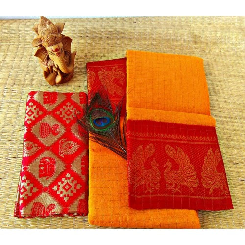 Cotton Narayanpet Handloom Sarees in Bright Yellow with Orange Combination for Women