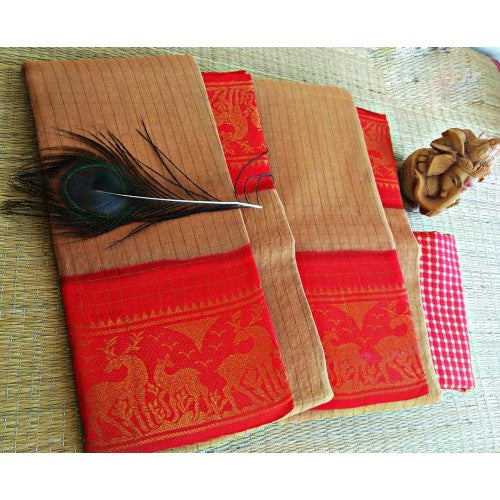 Delightful Cotton Narayanpet Handloom Sarees with Golden Zari Work for Women