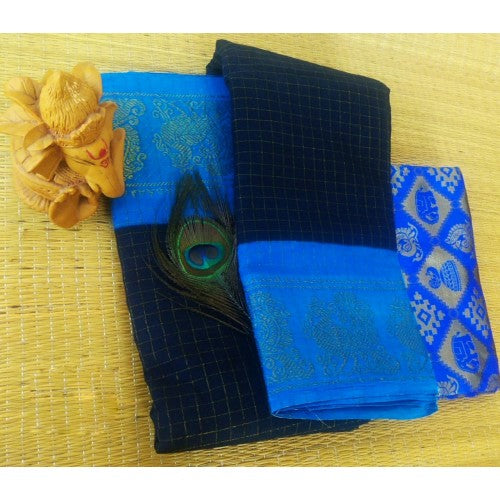Delightful Cotton Narayanpet Handloom Saree Sky Blue Navy Blue Combination for Women