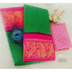 Traditional Cotton Narayanpet Handloom Saree Green Pink Combination for Women