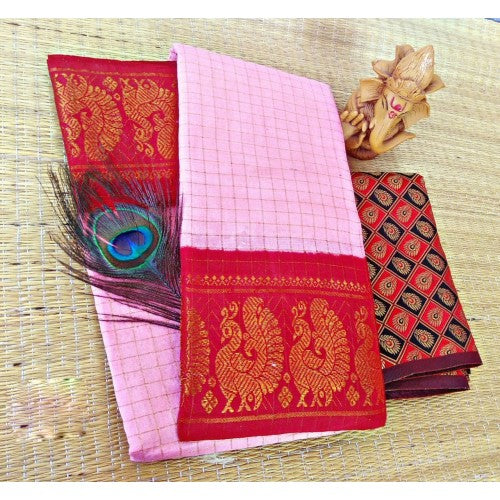 Beautiful Cotton Narayanpet Handloom Saree Baby Pink Red Combination for Women