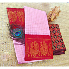 Beautiful Cotton Narayanpet Handloom Saree Baby Pink Red Combination for Women