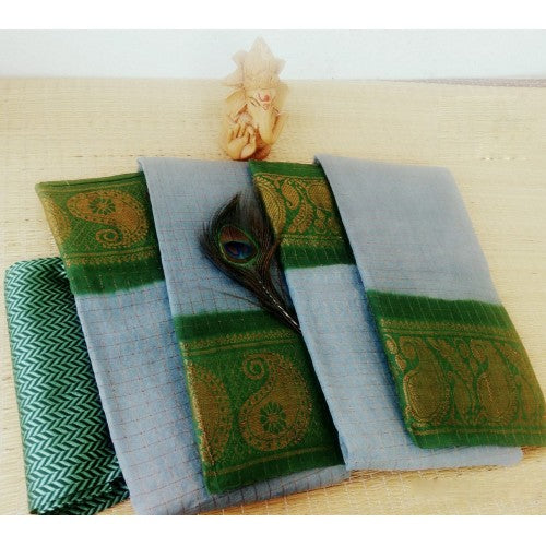 Simply Cotton Narayanpet Handloom Saree Baby Grey Green Combination for Women