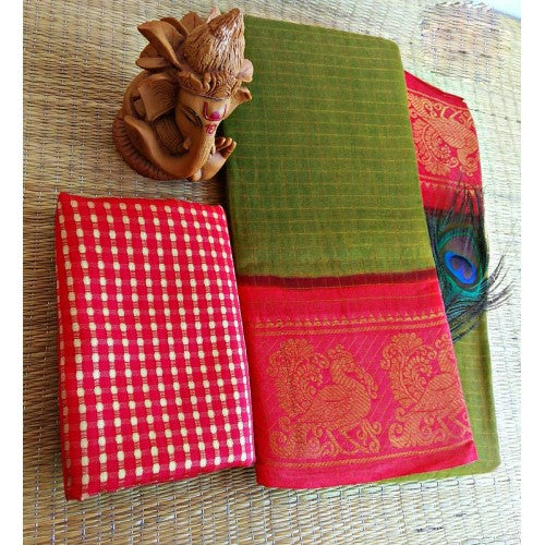Simply Cotton Narayanpet Handloom Saree Olive Green Pink Combination for Women