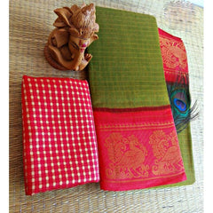 Simply Cotton Narayanpet Handloom Saree Olive Green Pink Combination for Women
