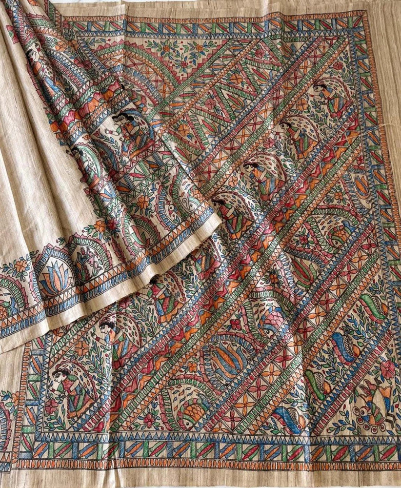 Natural Half & Half Madhubani Hand Painted Tussar Ghicha Saree