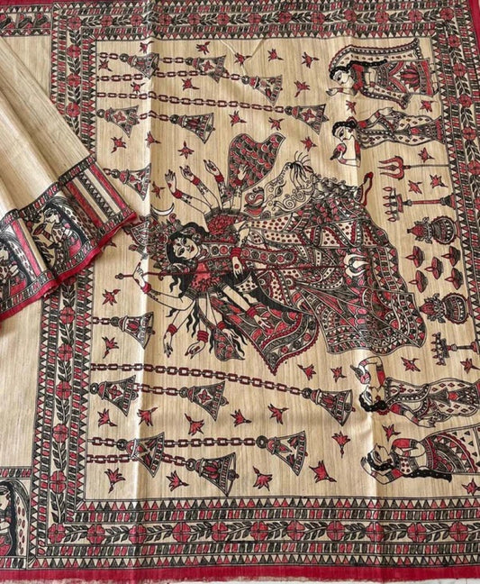 Natural Madhubani Hand Painted Maa Durga Pallu Tussar Ghicha Saree