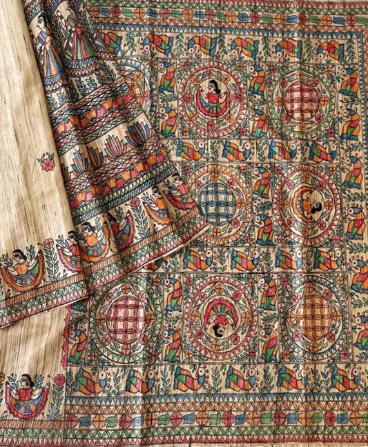 Natural Patli Pallu Madhubani Hand Painted Tussar Ghicha Saree