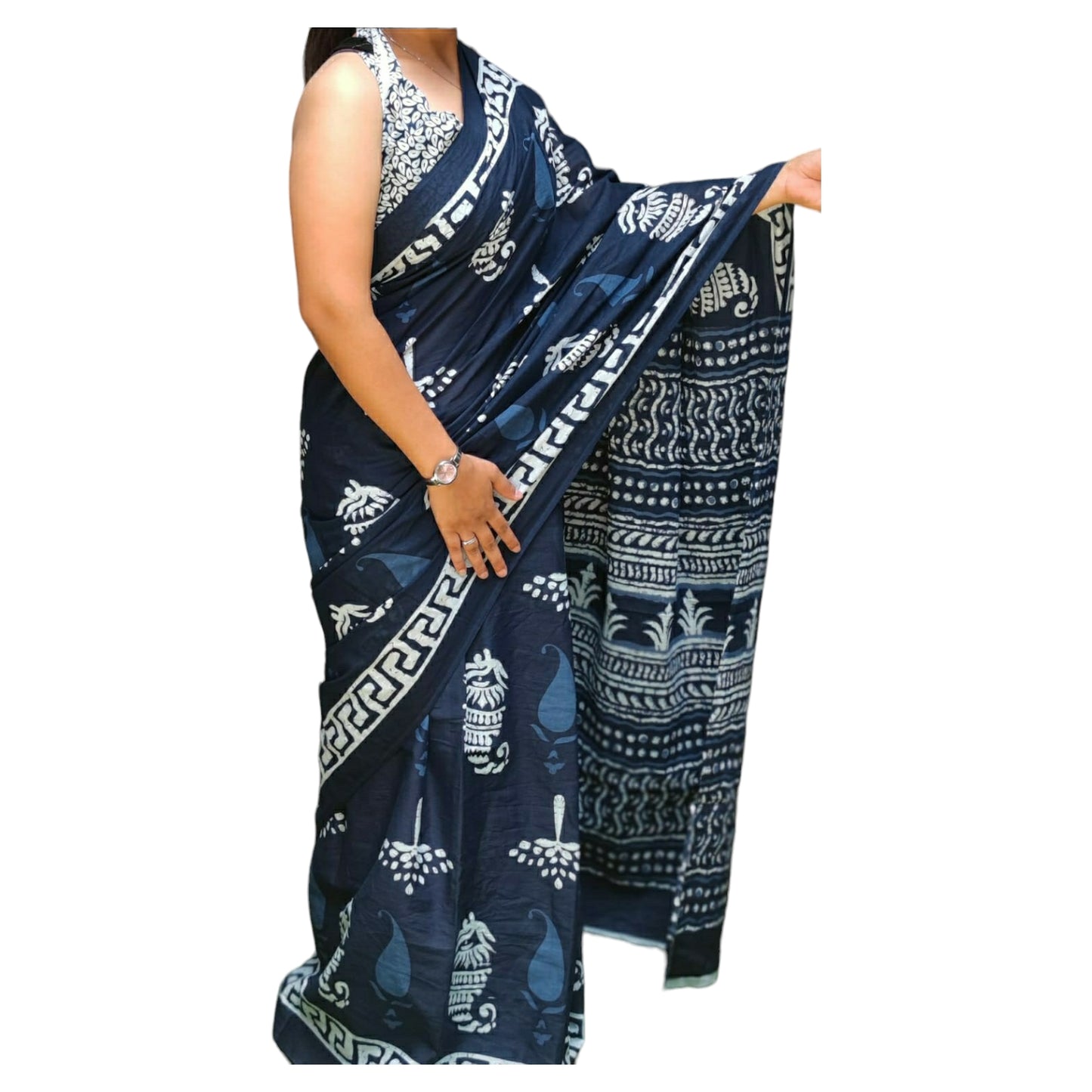 Navy Blue Colour with White Bagru Print Saree