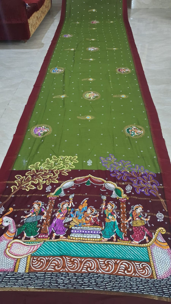 Odisha Pattachitra Green And Brown Saree