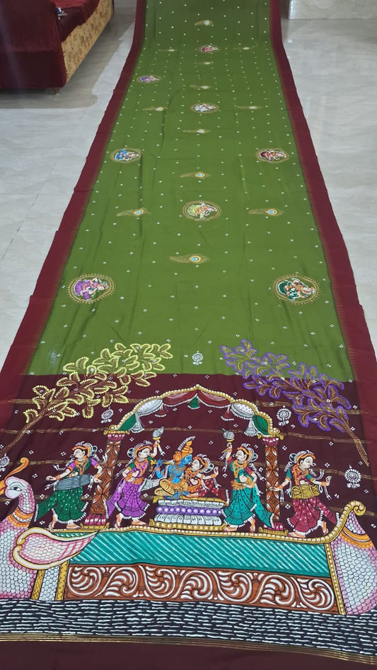 Odisha Pattachitra Green And Brown Saree