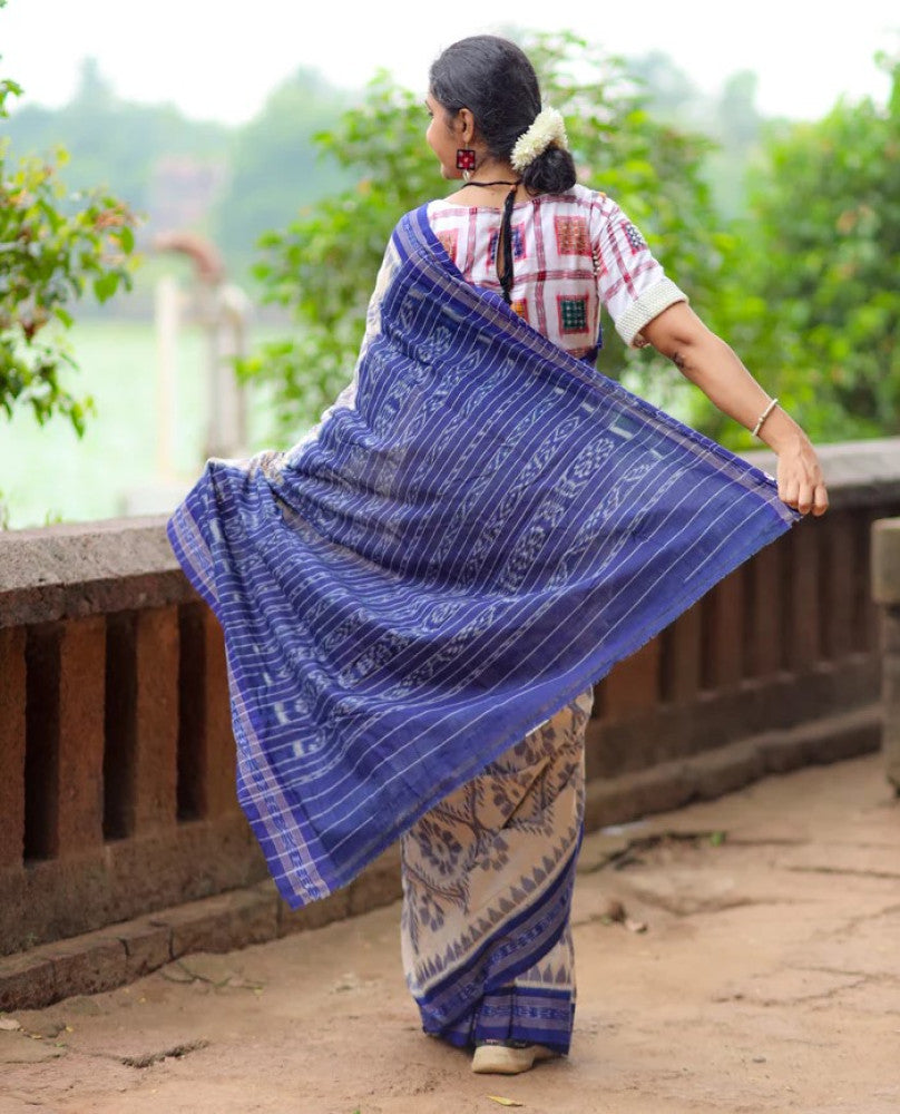 Off White Blue Bada Phula Cotton Saree