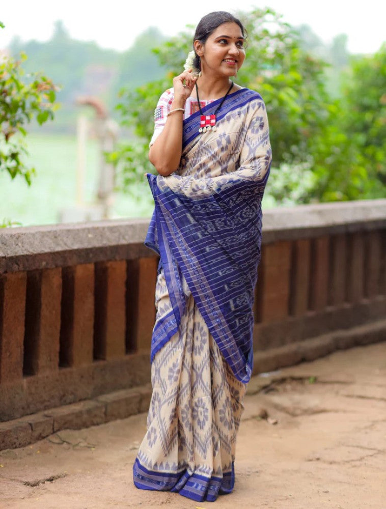 Off White Blue Bada Phula Cotton Saree