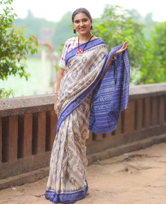 Off White Blue Bada Phula Cotton Saree
