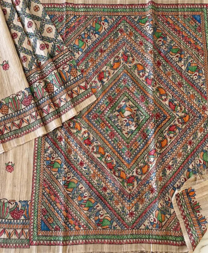 Off-white Half & Half Madhubani Hand Painted Tussar Ghicha Saree