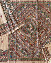 Off-white Half & Half Madhubani Hand Painted Tussar Ghicha Saree