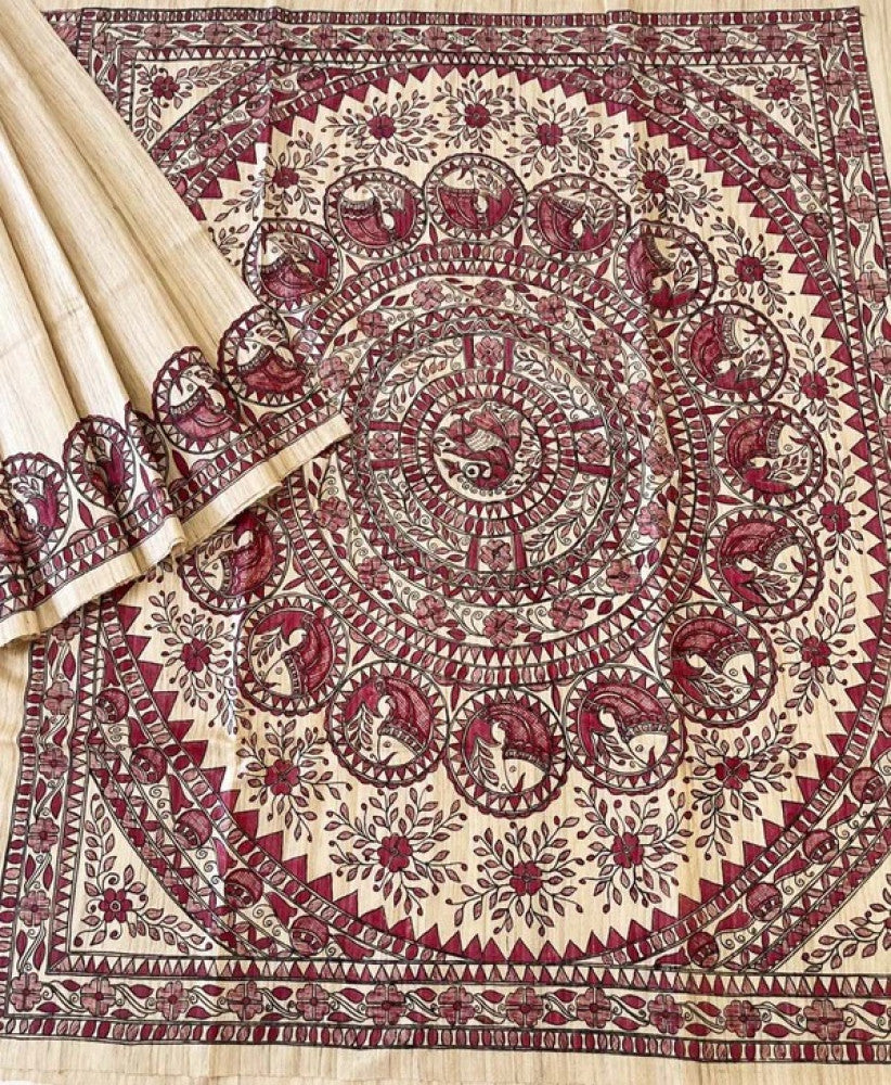 Off-white Madhubani Hand Painted Fish Pallu Tussar Ghicha Saree