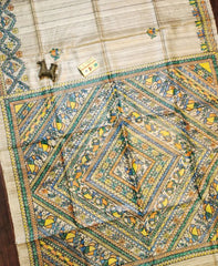 Off White Madhubani Hand Painted Tussar Ghicha Saree