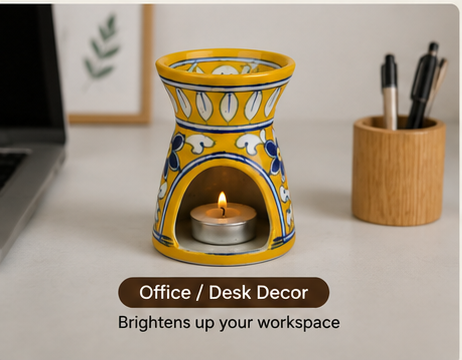 Elegant Yellow Colour Oil Lamp With Flower Design Blue Pottery Of Jaipur