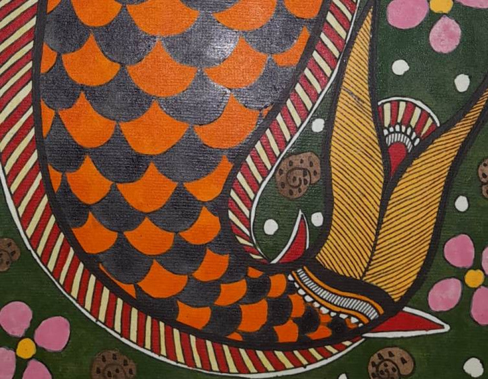 Orange and Black of an Traditional Madhubani Painting Fish on Khadi Paper