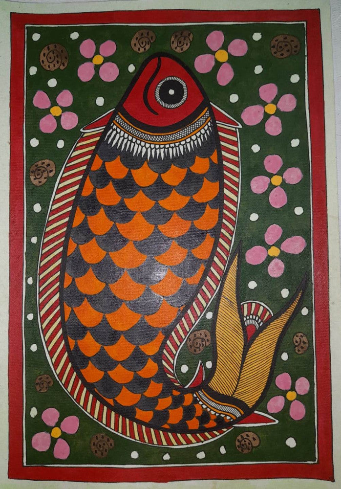 Orange and Black of an Traditional Madhubani Painting Fish on Khadi Paper