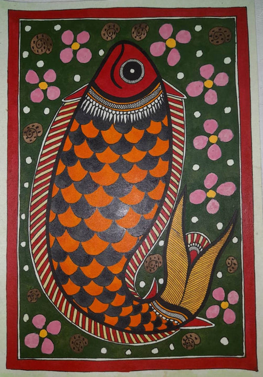 Orange and Black of an Traditional Madhubani Painting Fish on Khadi Paper