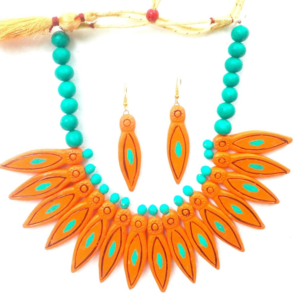Orange Bankura Panchmura Terracotta Craft Necklace Jewellery Set