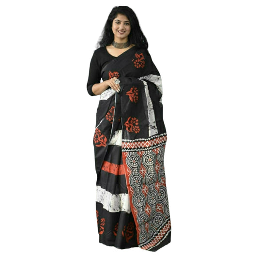 Orange & Black Colour Bagru Print Saree