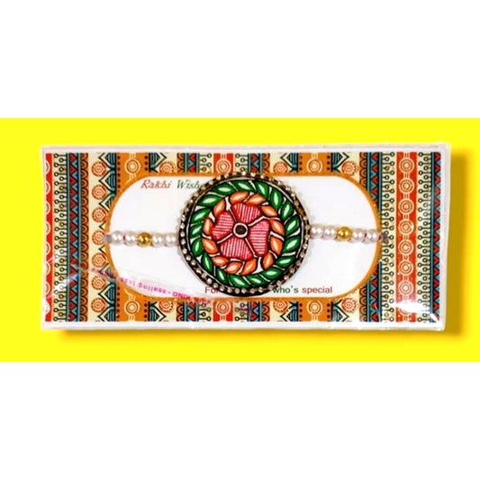 Orange & Green Flower Design Madhubani Rakhi