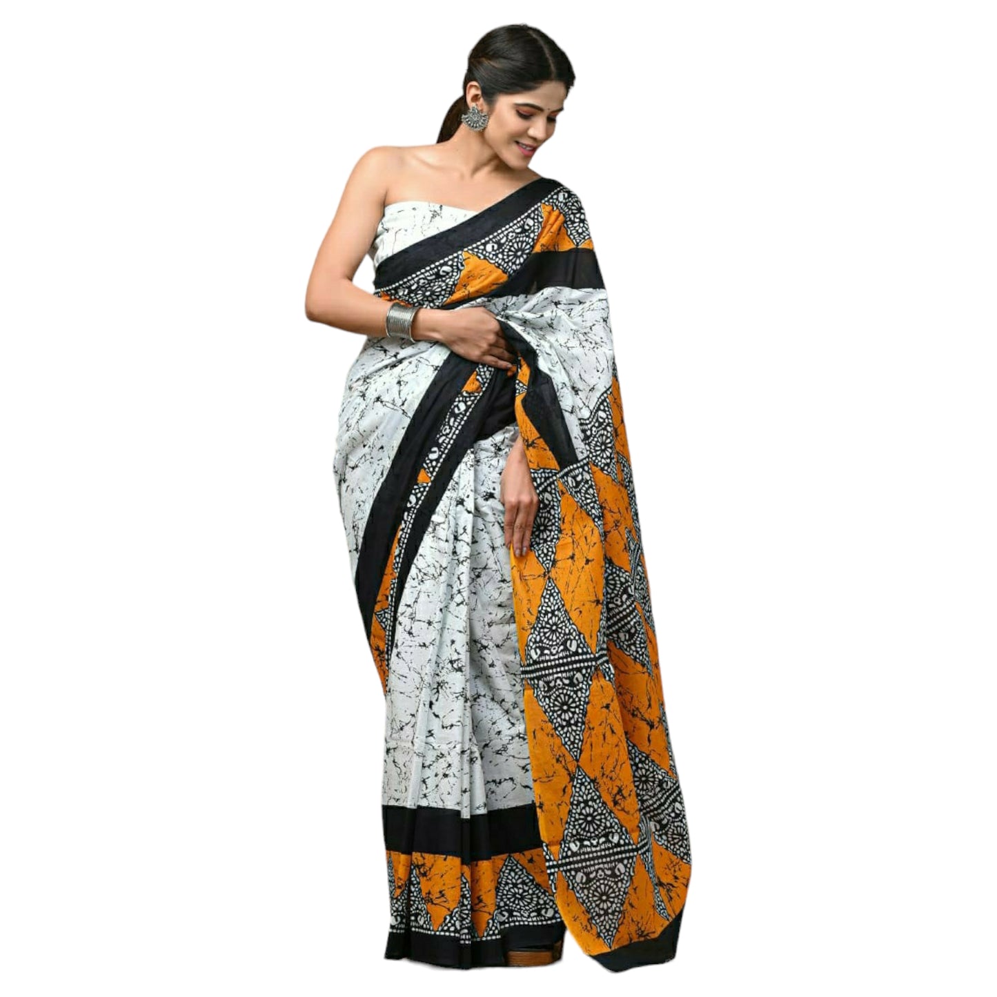 Orange & White Colour Bagru Print Saree