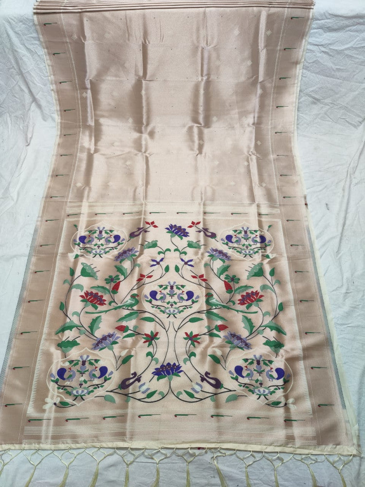 Paithani Saree Cream Colour with Green & Purple Pallu