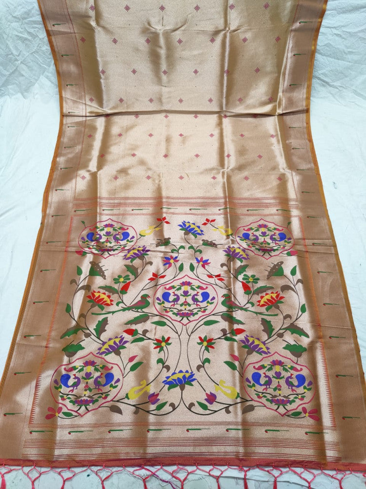 Paithani Saree Cream Colour with Orange & Blue Pallu