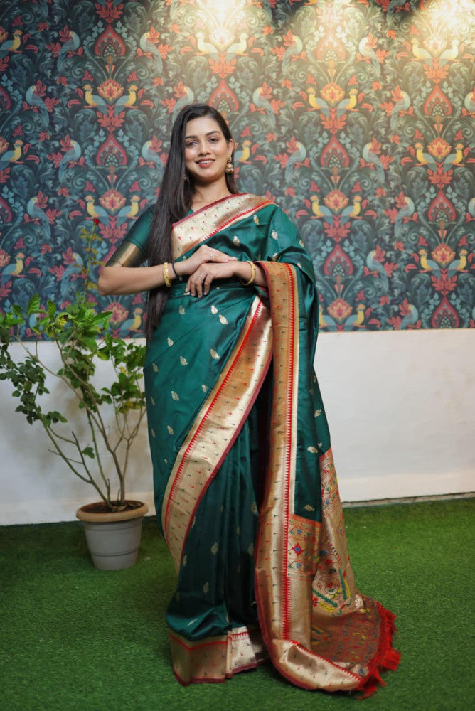Paithani Saree Green Colour with Golden Pallu