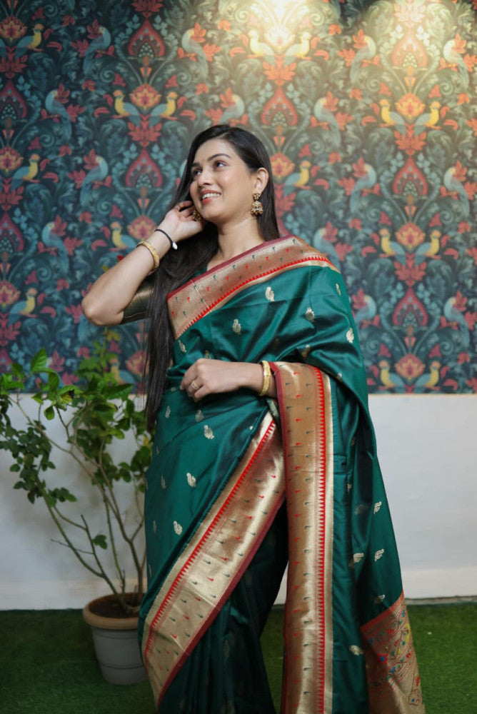 Paithani Saree Green Colour with Golden Pallu