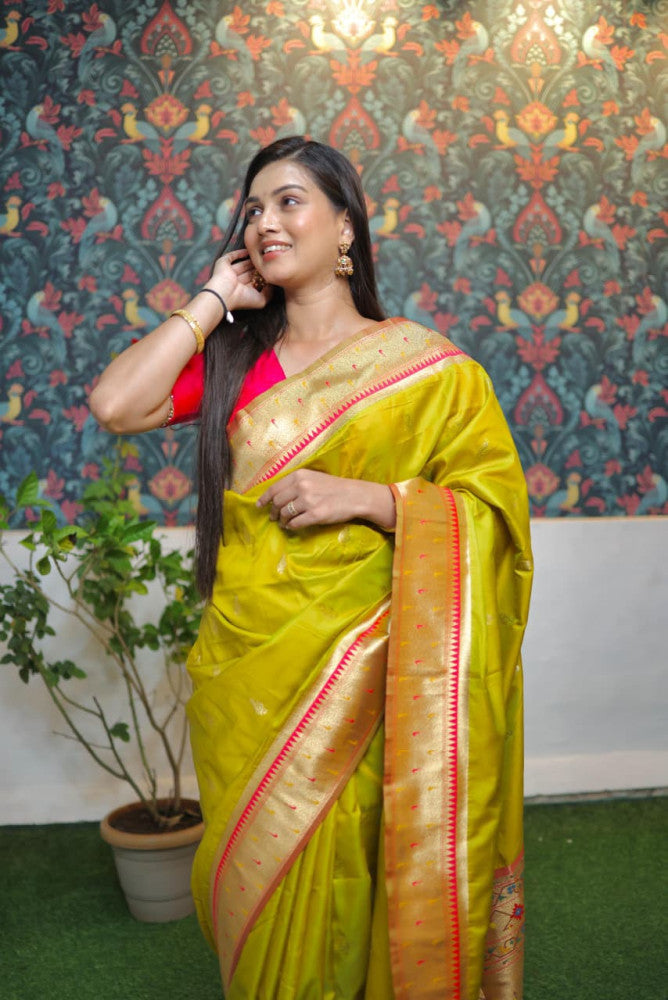 Paithani Saree Light Green Colour with Golden Pallu