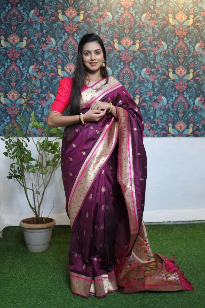Paithani Saree Magenta Colour with Golden Pallu