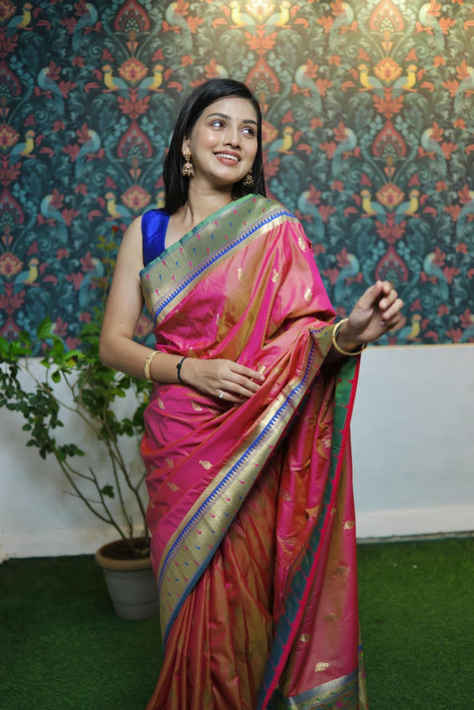 Paithani Saree Peach Colour with Golden Pallu