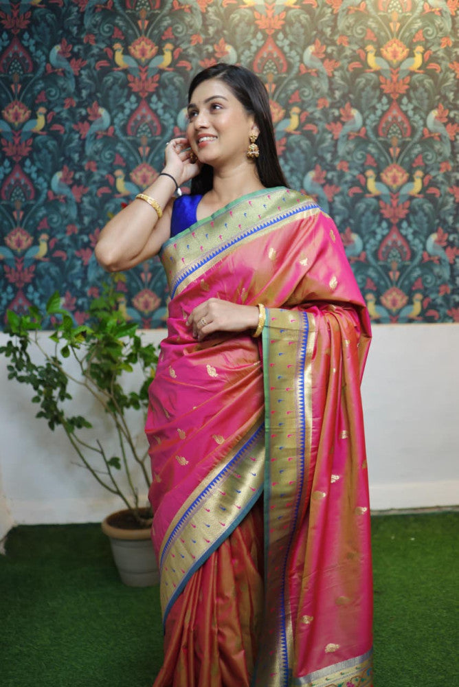 Paithani Saree Peach Colour with Golden Pallu