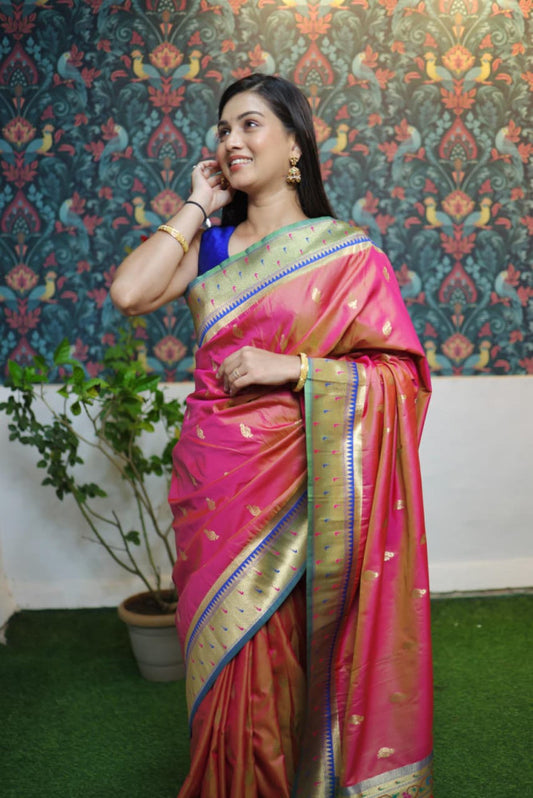 Paithani Saree Peach Colour with Golden Pallu