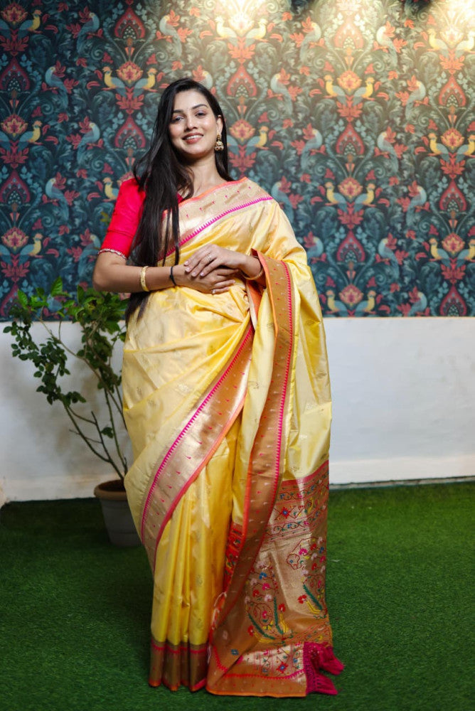 Paithani Saree Yellow Colour with Golden Pallu