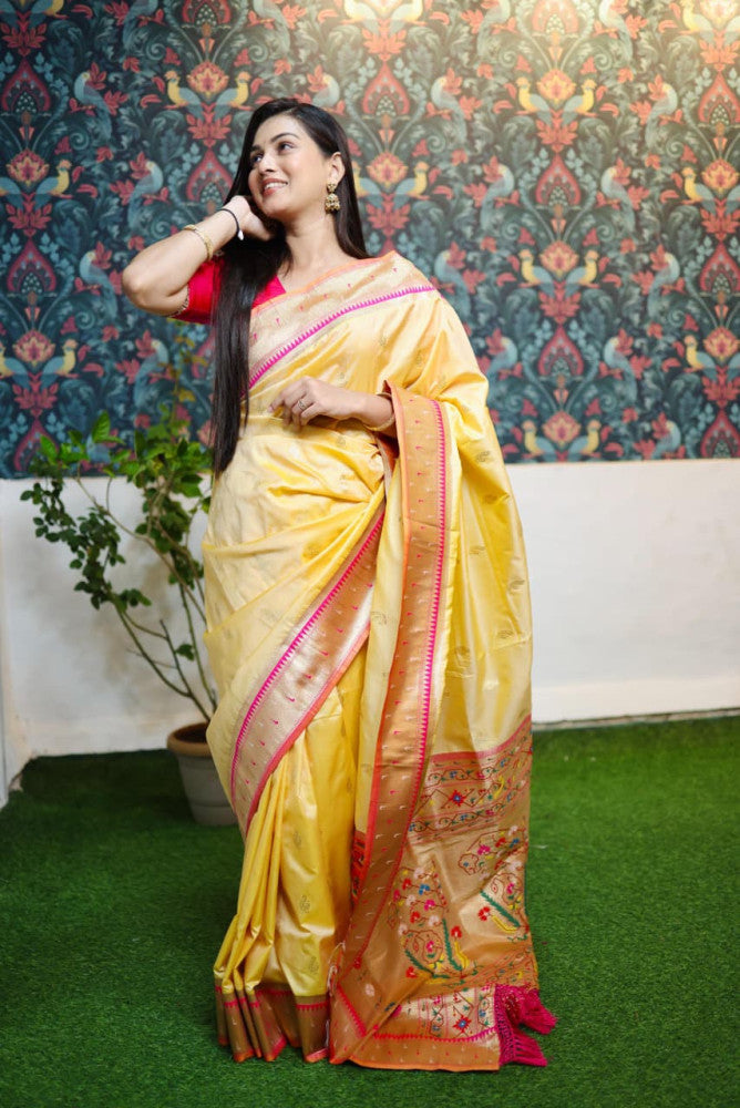 Paithani Saree Yellow Colour with Golden Pallu
