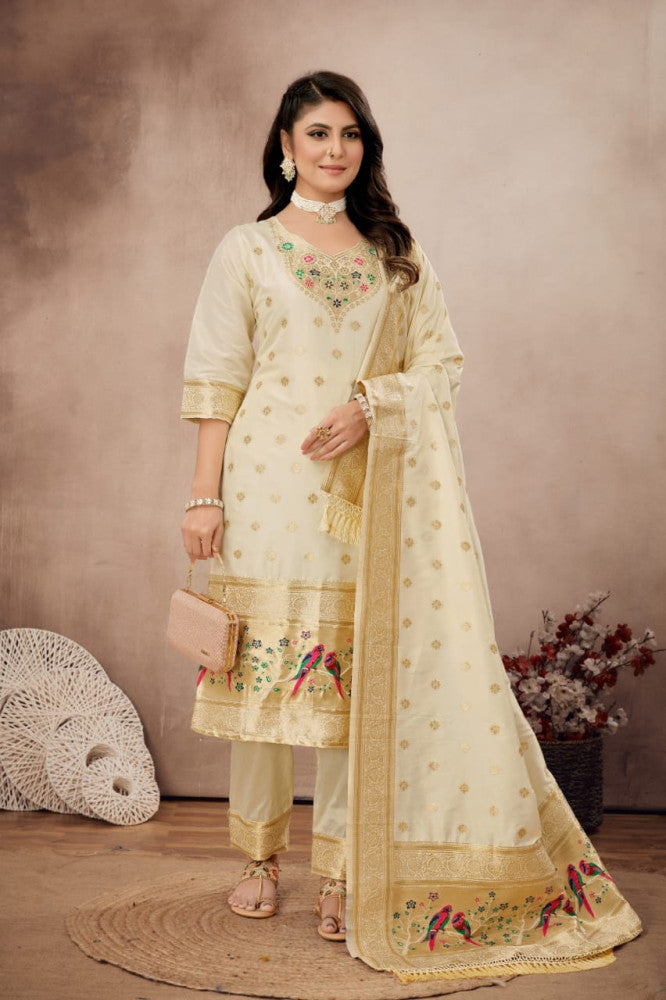 Paithani Sico Silk Unstitched Cream Suit