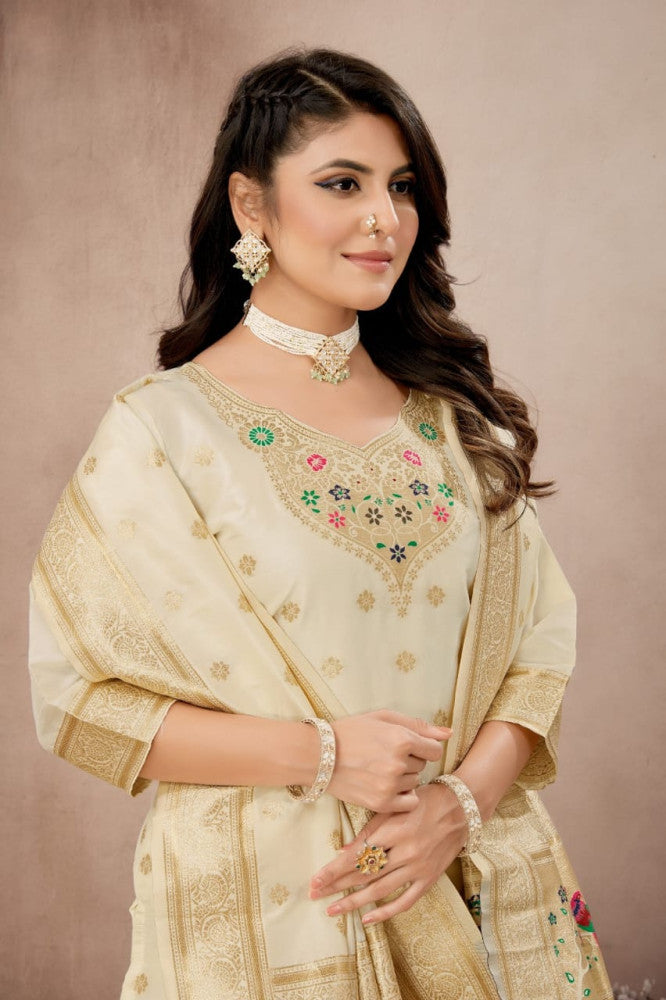 Paithani Sico Silk Unstitched Cream Suit