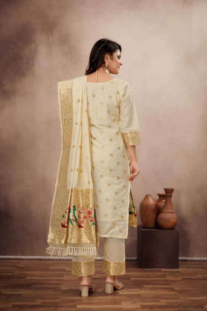 Paithani Sico Silk Unstitched Cream Suit Style 1