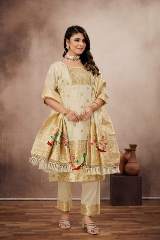 Paithani Sico Silk Unstitched Cream Suit Style 1