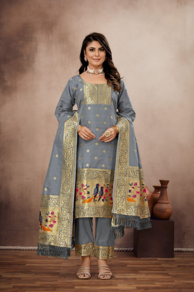 Paithani Sico Silk Unstitched Grey Suit Style 1